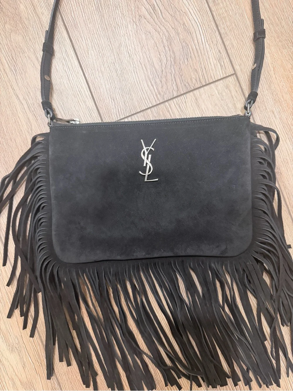 Yves Saint Laurent Black Suede Fringe Crossbody with Silver YSL Emblem - Picture 2 of 6